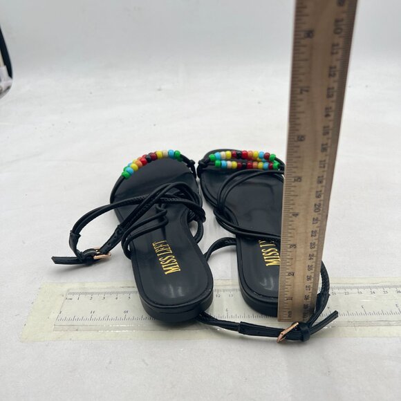 miss left Black Beaded Flat Sandals for Women Ankle Strap Open Toe Slide Sandals - Picture 5 of 8